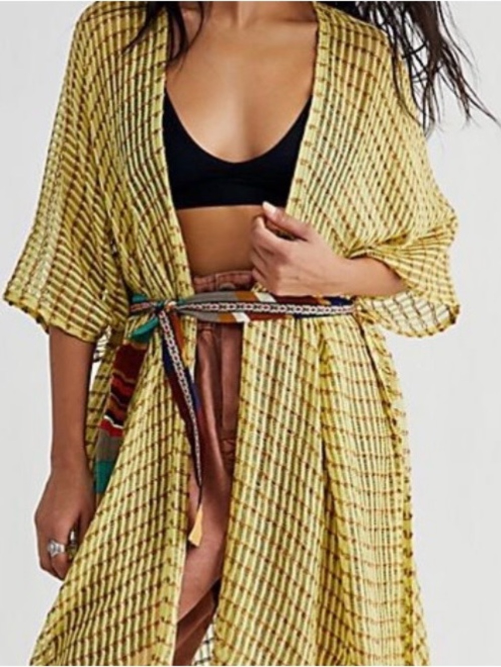 Free People Cabana Yellow and Brown Open Knit Kimono